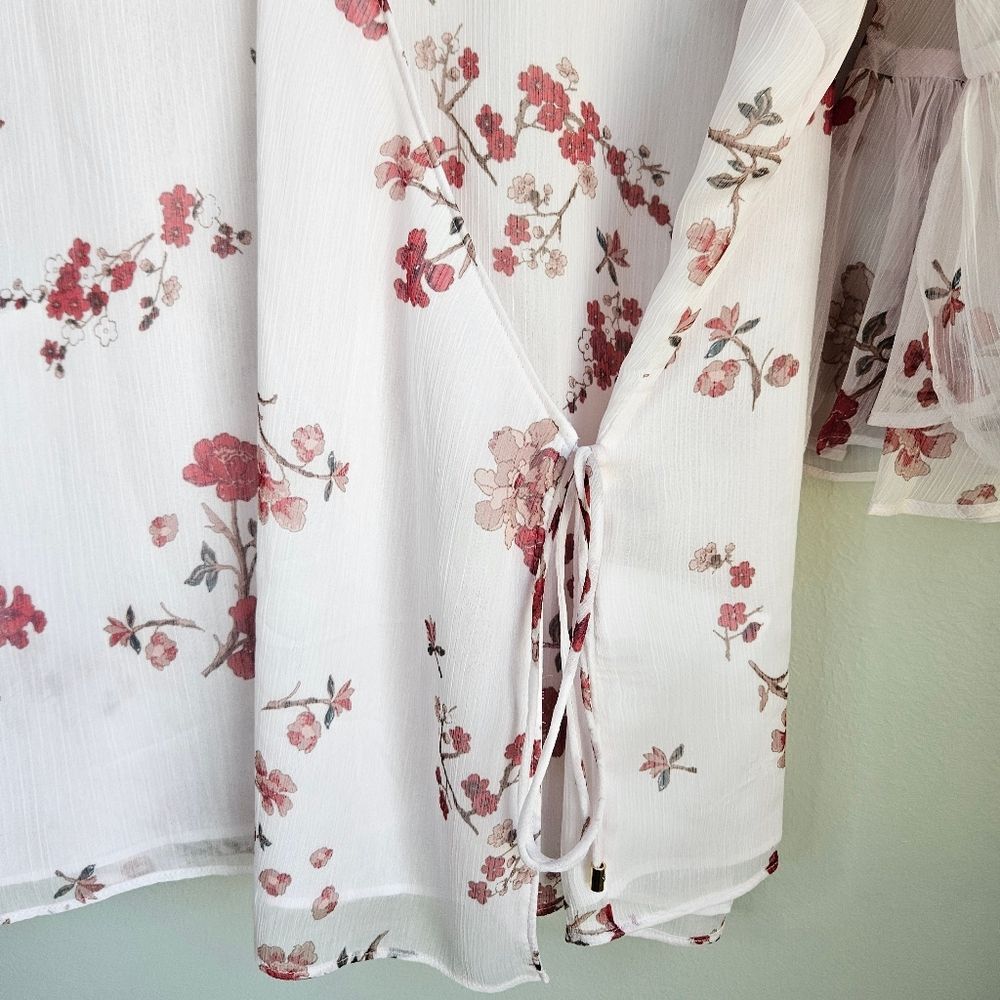 Lauren Ralph Lauren Floral Chiffon Wrap Top Women's 1X Ruffle Bell Sleeves Sheer - Picture 5 of 13